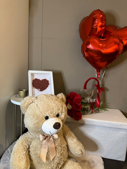 Coffret cadeau XL de luxe, boîte à fleurs, sac de roses de luxe, ballon et ours | Cadeaux Daliyah